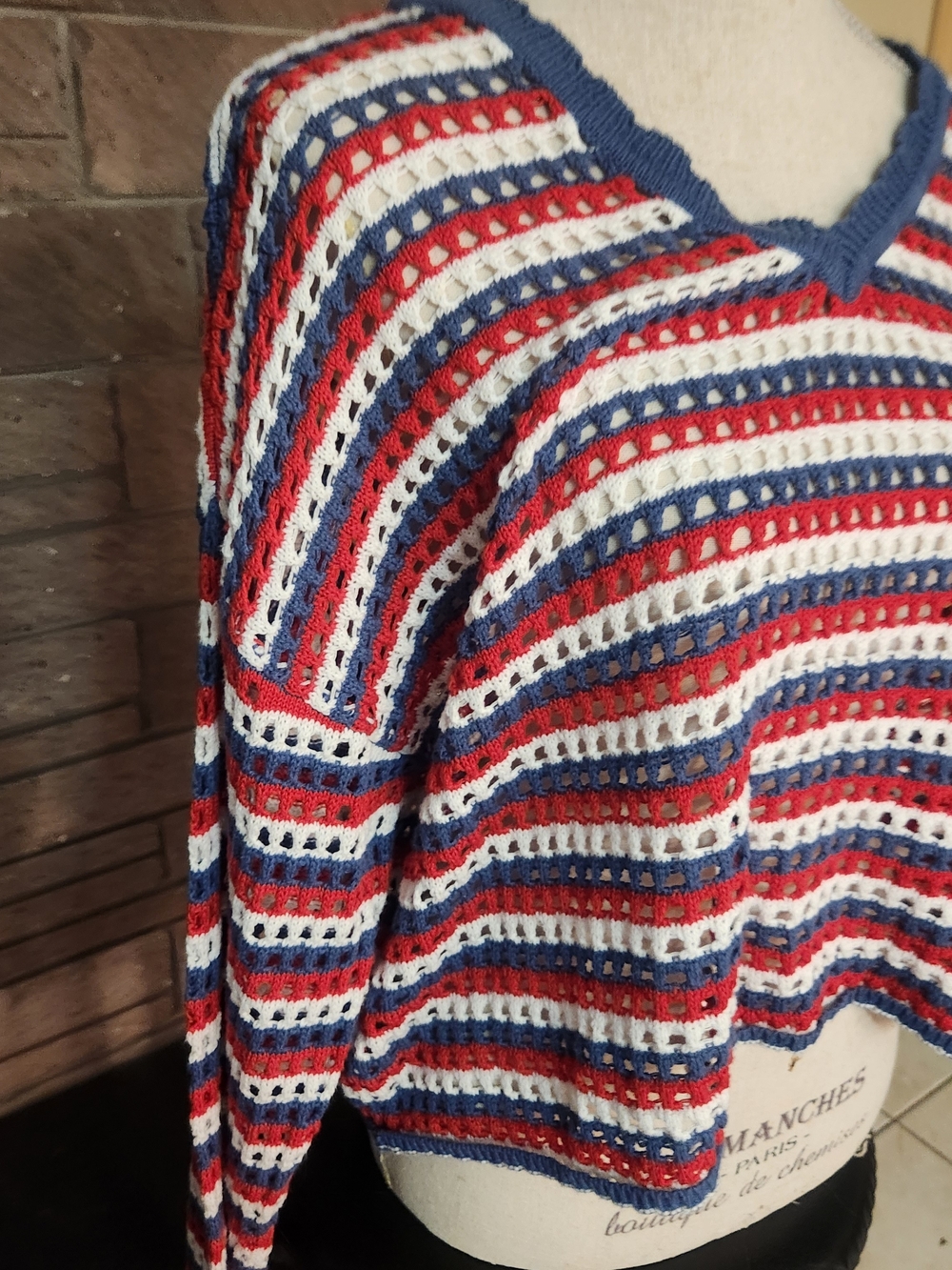 Pink Lily Sweater Red White Blue Striped Crochet 2XL Americana